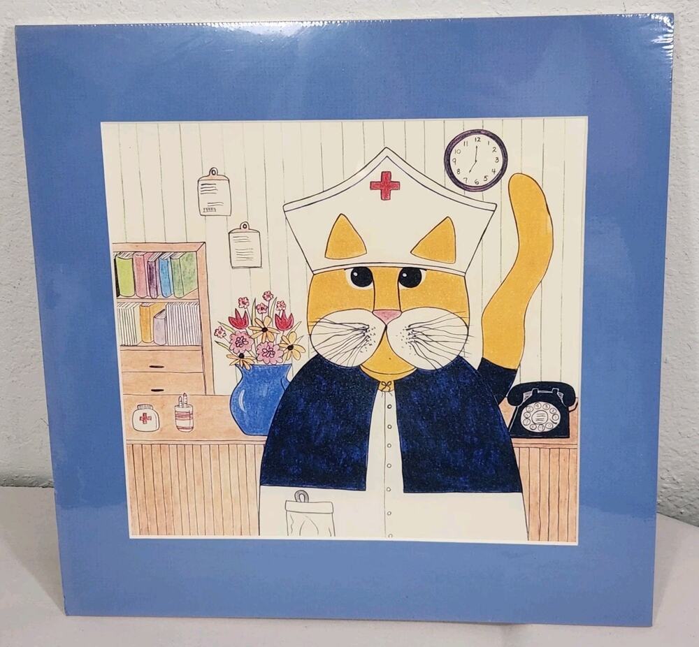 Vtg Cat Art Nurse Cartoon Signed Print Whimsical Office Decor Gift Grad Pet Boss